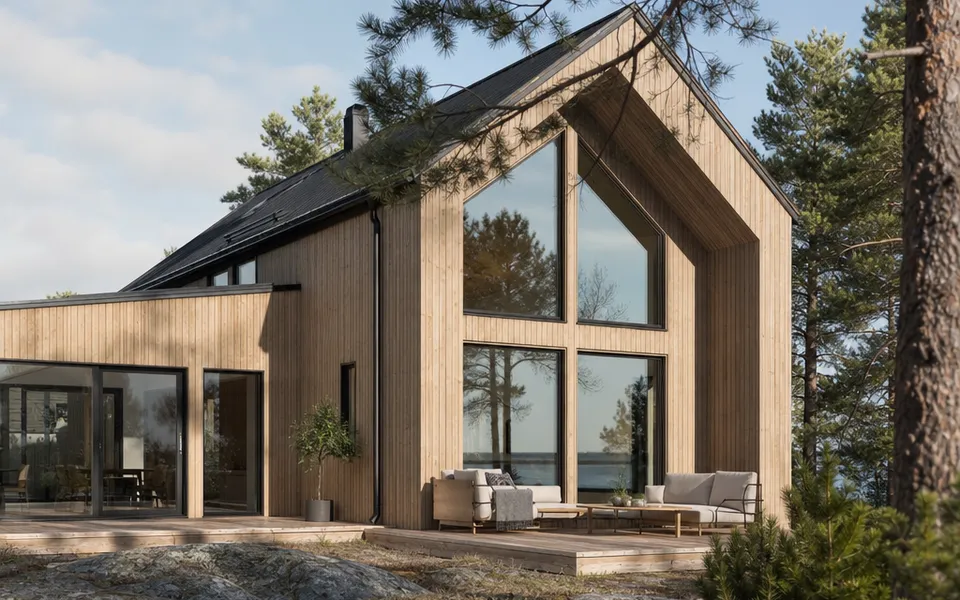 Scandinavian-style timber house with a natural light-wood facade and large windows amid pine trees – timber construction prices per m² 2026