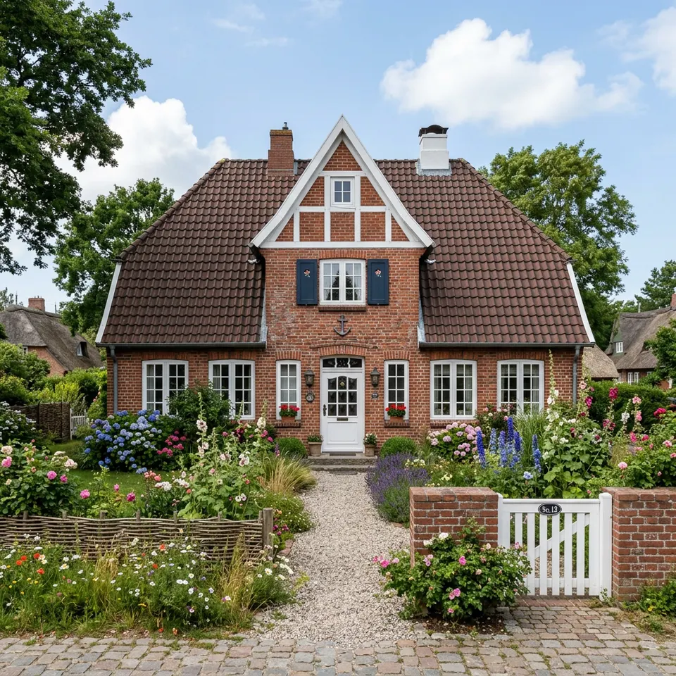Captain's house with a symmetrical clinker-brick facade, a central gable and muntin windows – northern German building style in 2026 Captain's house with a symmetrical clinker-brick facade, a central gable and muntin windows – northern German building style in 2026