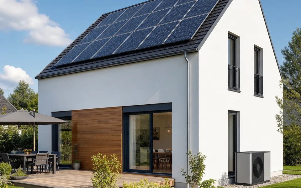 KfW-40 efficiency house with a fully covered photovoltaic roof and a heat pump on the facade – high funding 2026