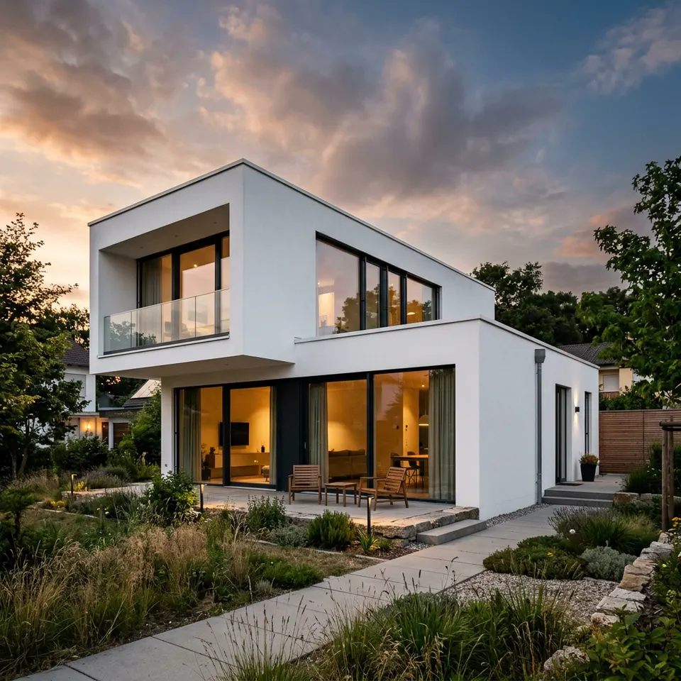 Cube house in the Bauhaus style with a flat roof, white render and floor-to-ceiling windows – building cubic 2026 Cube house in the Bauhaus style with a flat roof, white render and floor-to-ceiling windows – building cubic 2026
