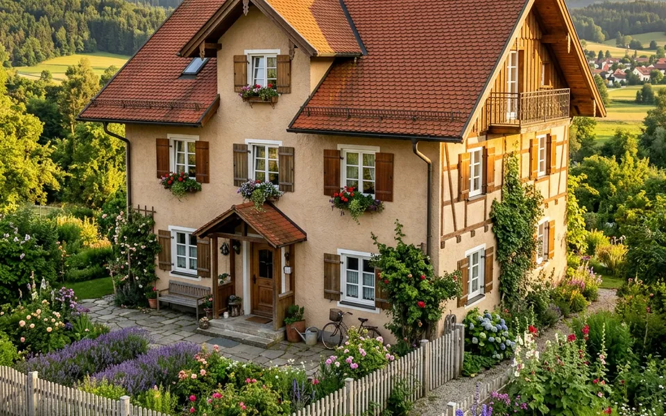 Country house with a gable roof, muntin windows, shutters and a cottage garden – prefabricated house in country-house style 2026 in view Country house with a gable roof, muntin windows, shutters and a cottage garden – prefabricated house in country-house style 2026 in view