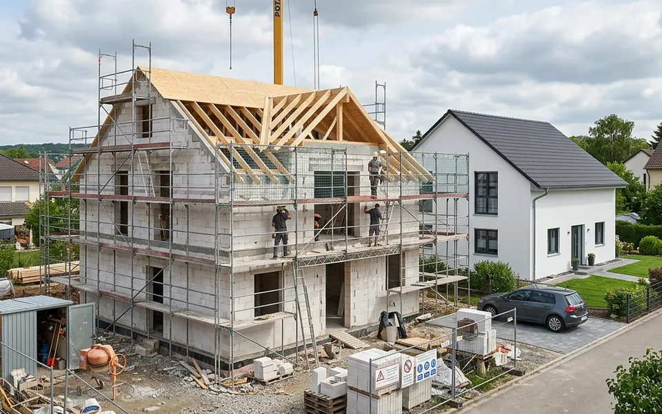 Solid house under construction with white aerated-concrete walls next to a fully rendered residential house – building solid 2026 Solid house under construction with white aerated-concrete walls next to a fully rendered residential house – building solid 2026