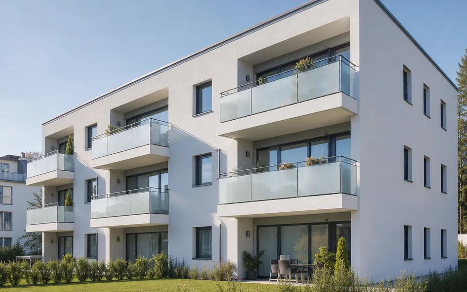 Three-storey new-build apartment building with glass balconies and a light render facade – apartments as an investment 2026