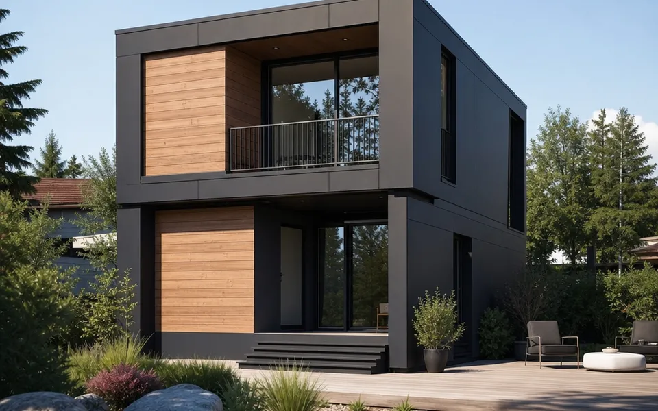 Cubic modular house made of two stacked room modules with a facade in anthracite and wood plus a small garden – modular house prices 2026