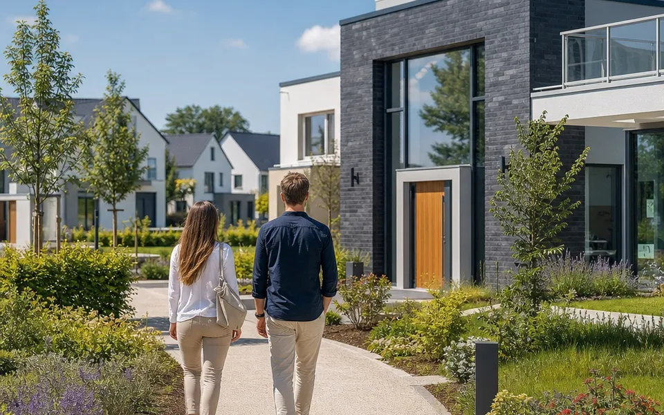 A couple walking towards a modern show home in the show home park – preparing for the show home viewing 2026
