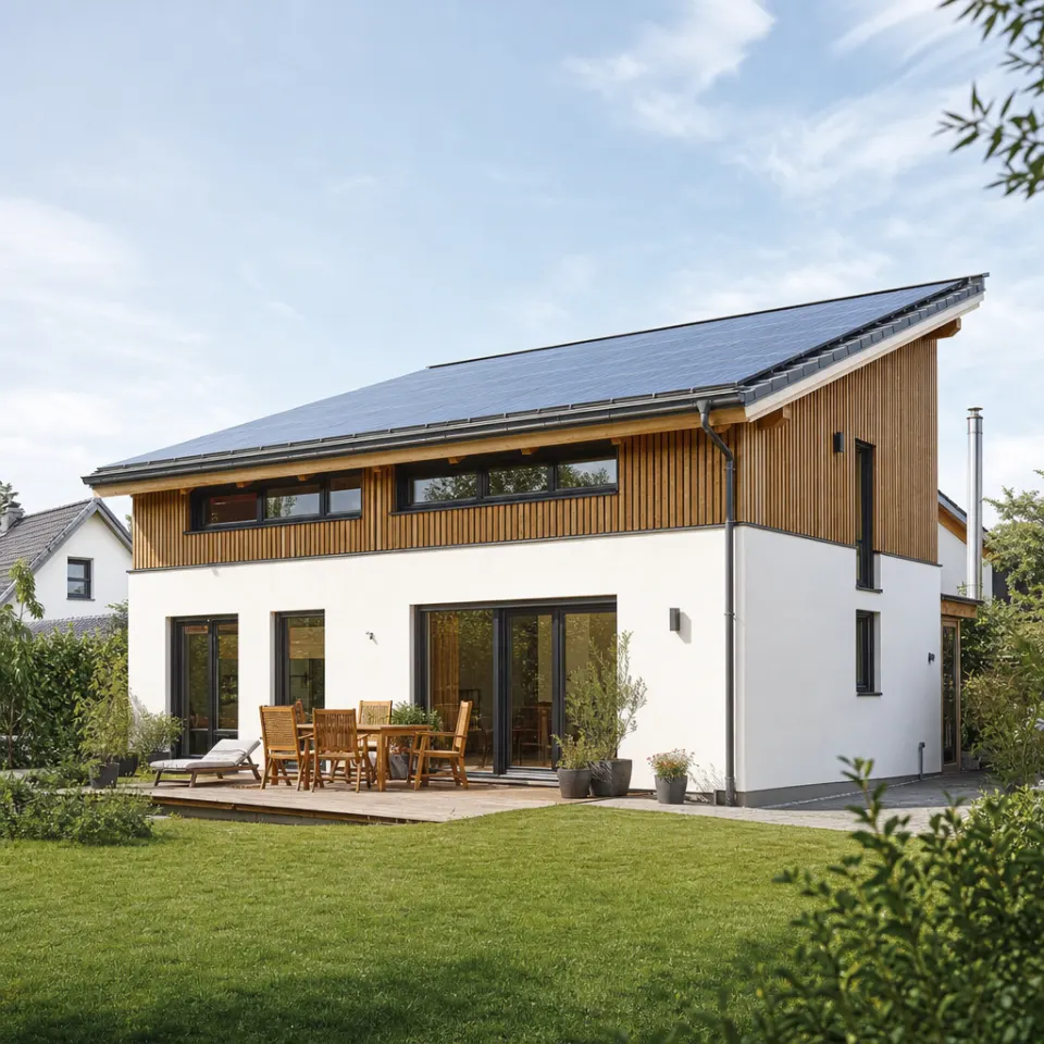 Modern mono-pitch roof house with a single-slope roof, a large glass front and photovoltaics – mono-pitch roof house as a prefabricated house 2026 Modern mono-pitch roof house with a single-slope roof, a large glass front and photovoltaics – mono-pitch roof house as a prefabricated house 2026