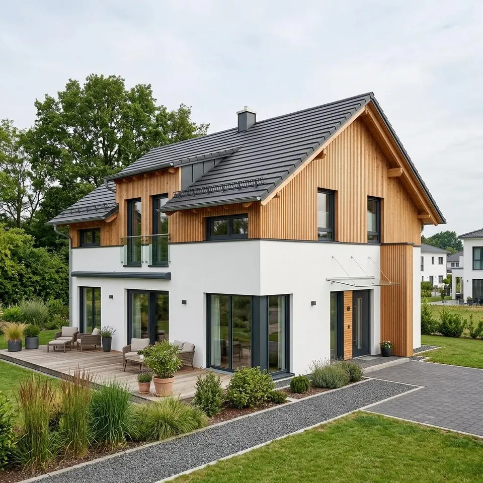 Modern gable-roof house with a clear cubature, floor-to-ceiling windows and a plain gable roof with no overhang – prefabricated house 2026 Modern gable-roof house with a clear cubature, floor-to-ceiling windows and a plain gable roof with no overhang – prefabricated house 2026
