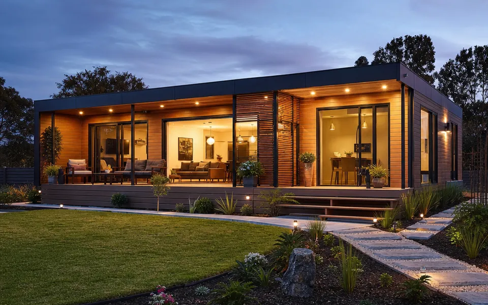 Ready-to-occupy prefabricated house at dusk with a warmly lit glass front and a landscaped garden – turnkey at a fixed price 2026
