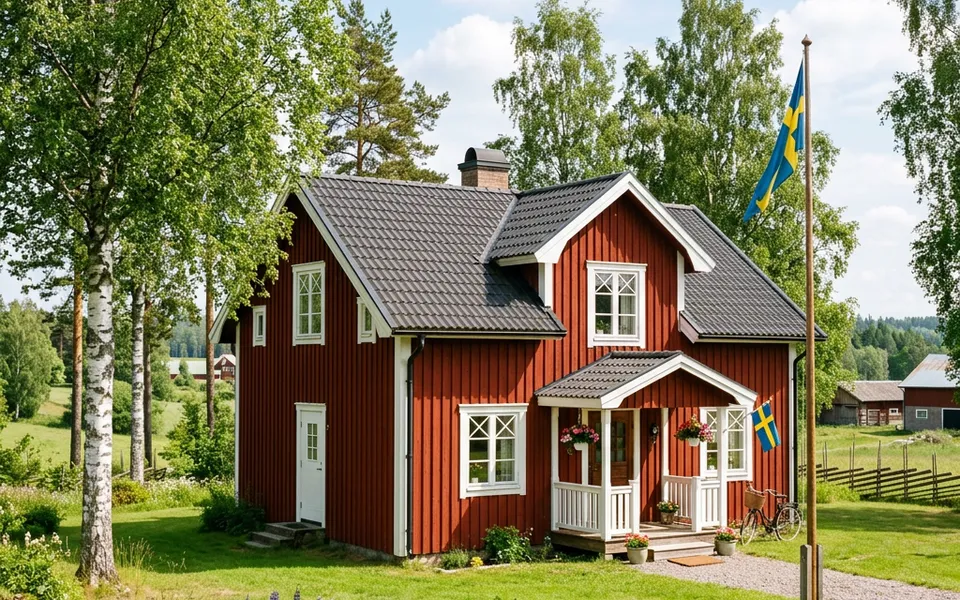 Swedish house in Falu red with white muntin windows and a gable roof – Scandinavian prefabricated house style 2026 Swedish house in Falu red with white muntin windows and a gable roof – Scandinavian prefabricated house style 2026