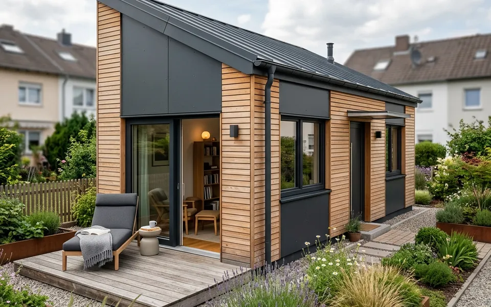 Compact single-person home with a mono-pitch roof, a facade in wood and anthracite plus a small terrace – small home 2026 Compact single-person home with a mono-pitch roof, a facade in wood and anthracite plus a small terrace – small home 2026