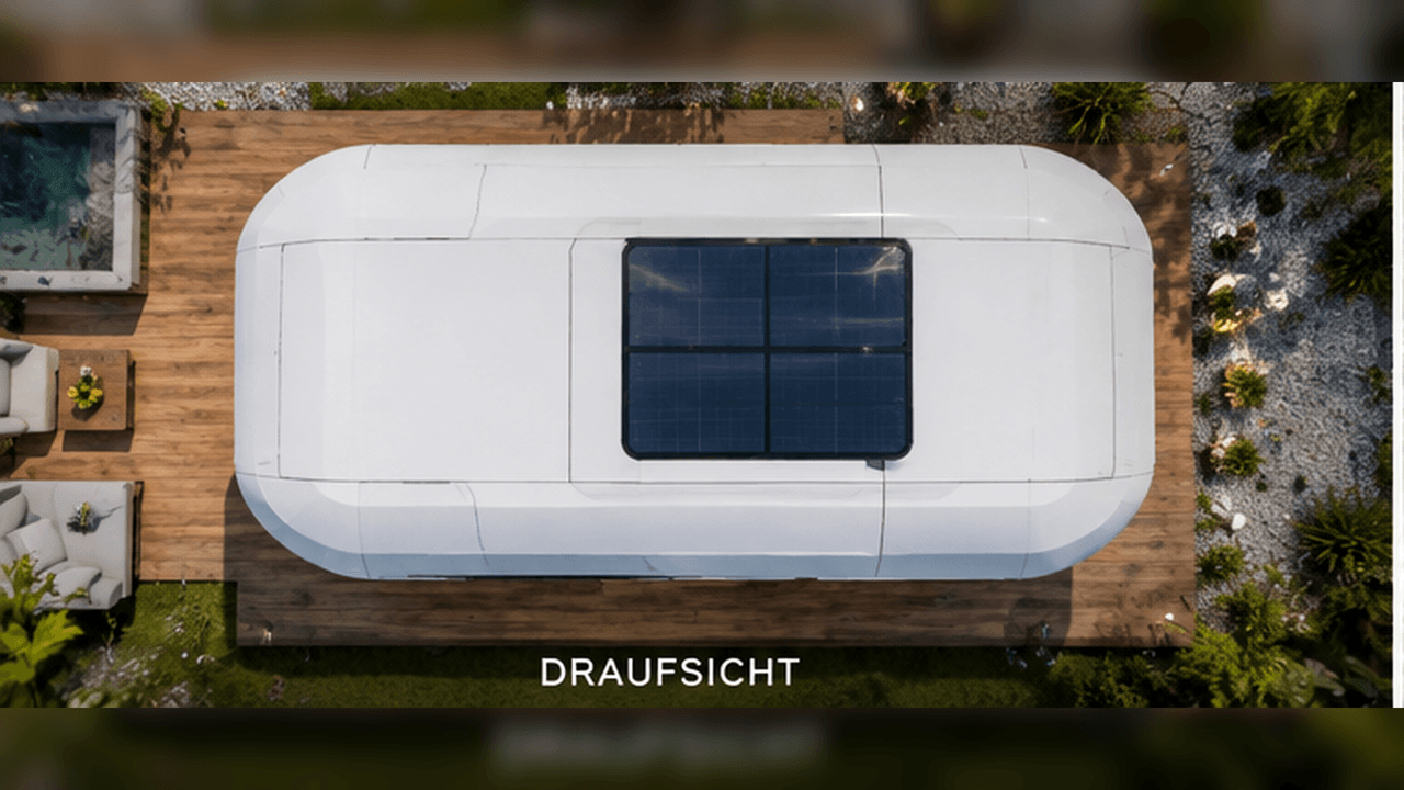 Space Capsule Tiny House top view – solar panel on the capsule roof, wooden terrace alongside (visualisation)