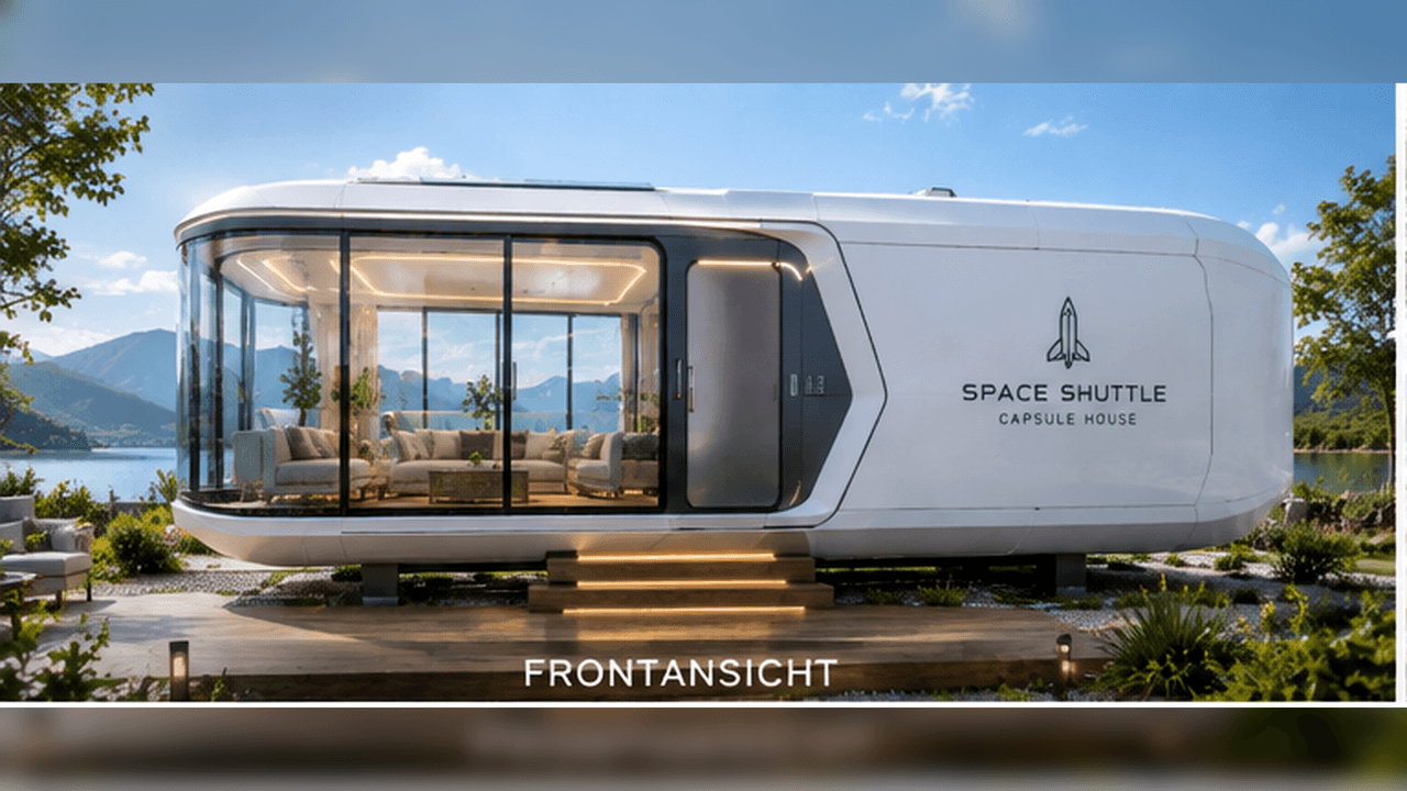 Space Capsule Tiny House front view – rounded living capsule with panoramic glazing and illuminated steps (visualisation)