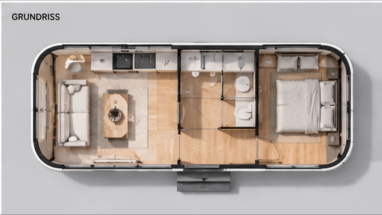 Floor plan of a Space Capsule Tiny House – living area with kitchen, central bathroom and bedroom in an elongated capsule shape (schematic)
