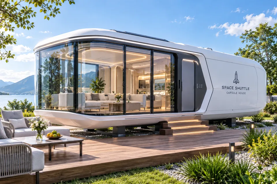 Space Capsule Tiny House with panoramic glazing and a wooden terrace by the lake – futuristic capsule house (visualisation) Space Capsule Tiny House with panoramic glazing and a wooden terrace by the lake – futuristic capsule house (visualisation)
