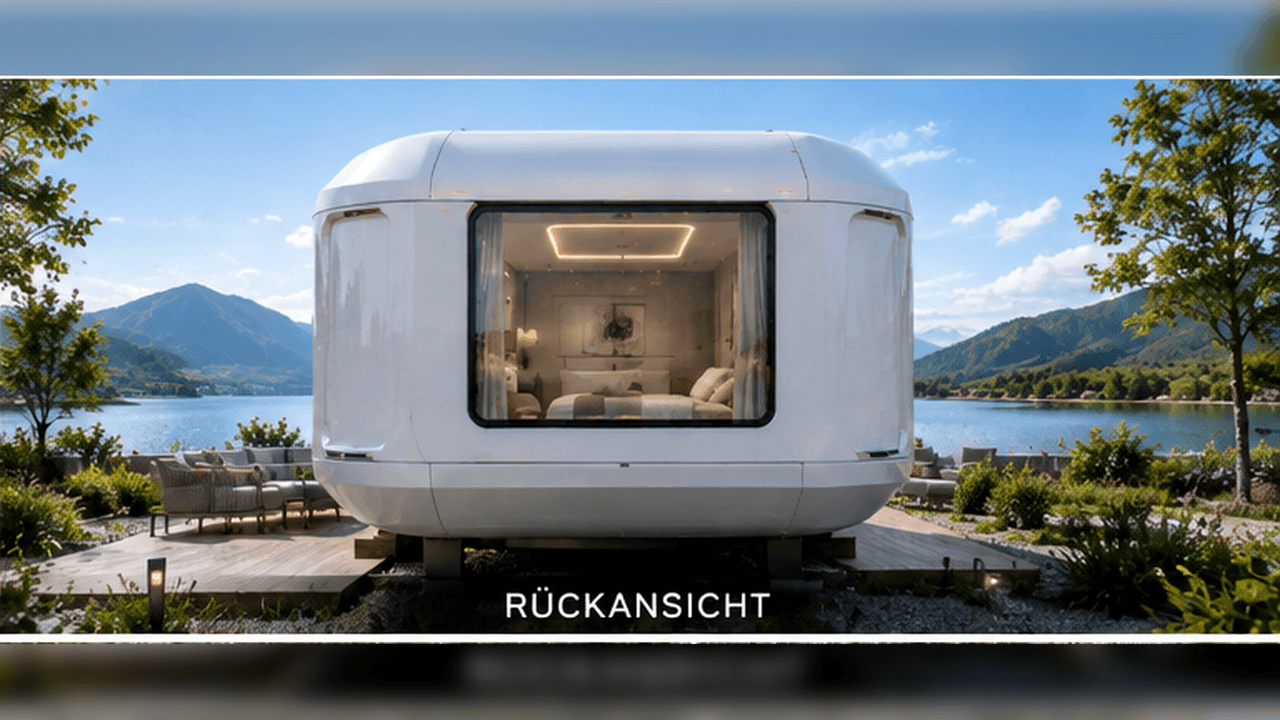 Space Capsule Tiny House rear view – closed, aerodynamic capsule shell in white (visualisation)