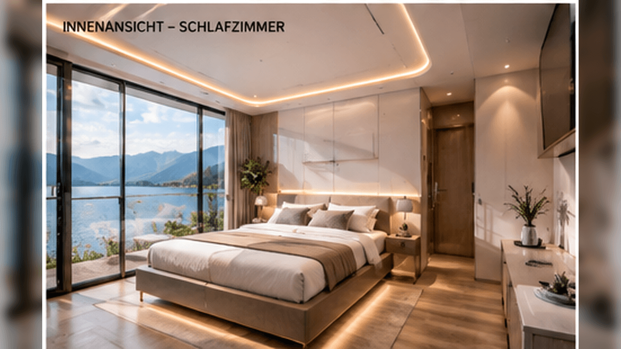 Space Capsule Tiny House interior bedroom – double bed in front of floor-to-ceiling glazing with mountain view (visualisation)