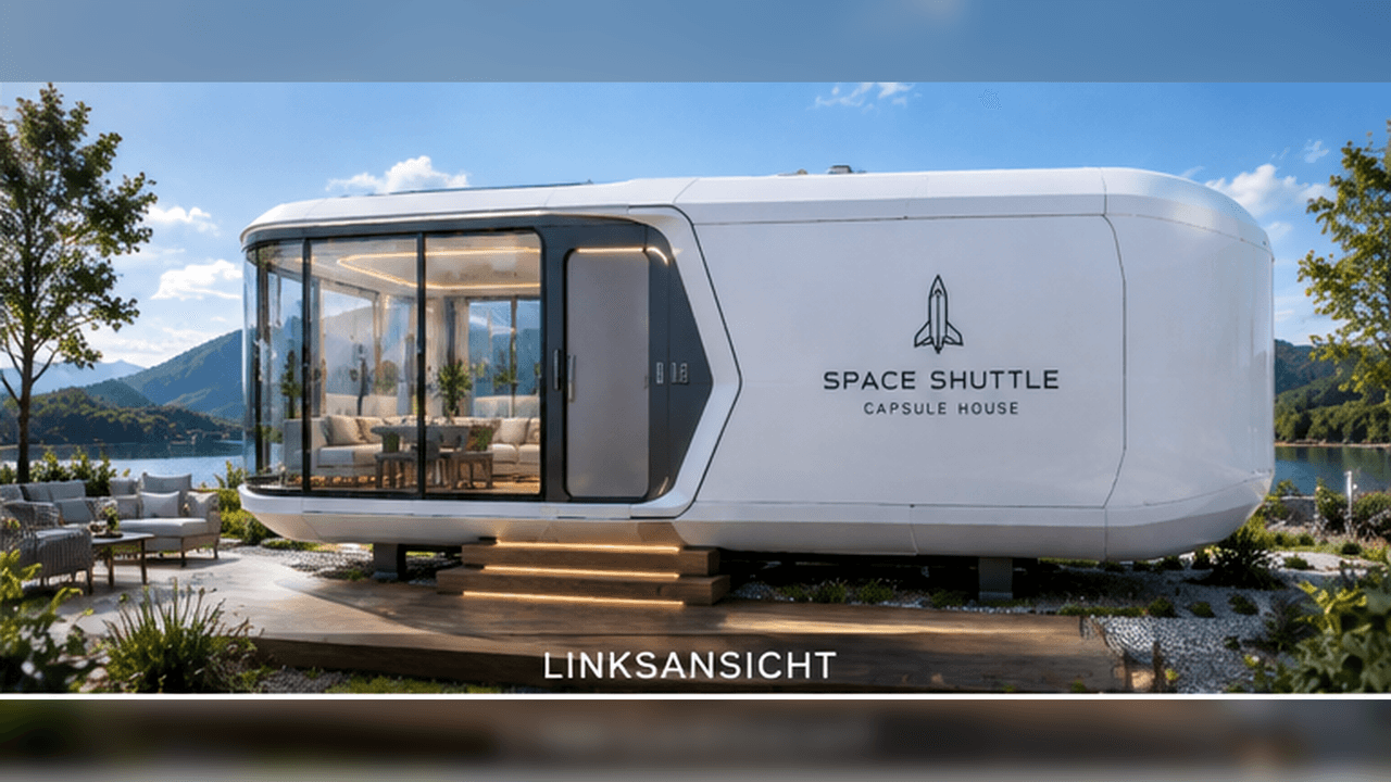 Space Capsule Tiny House left side view – glass front, entrance door and wooden terrace by the lake (visualisation)