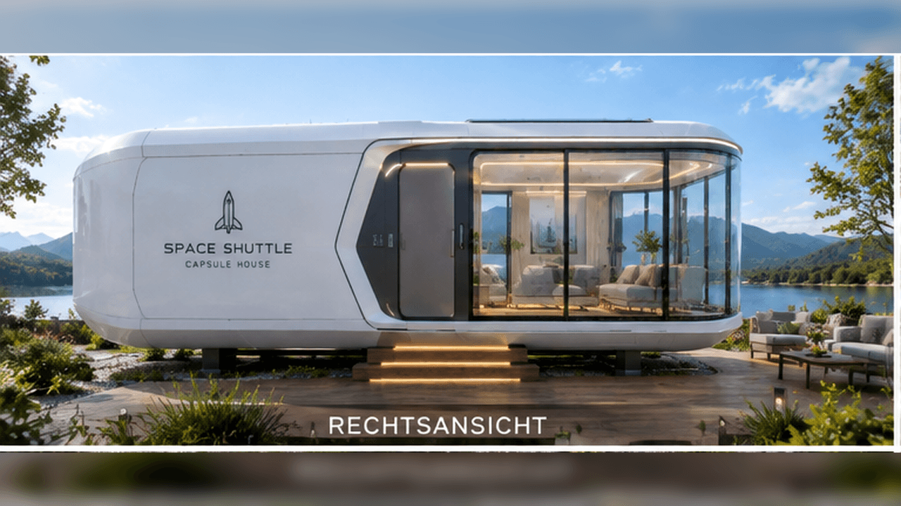 Space Capsule Tiny House right side view – glazed living area in a futuristic capsule shell (visualisation)
