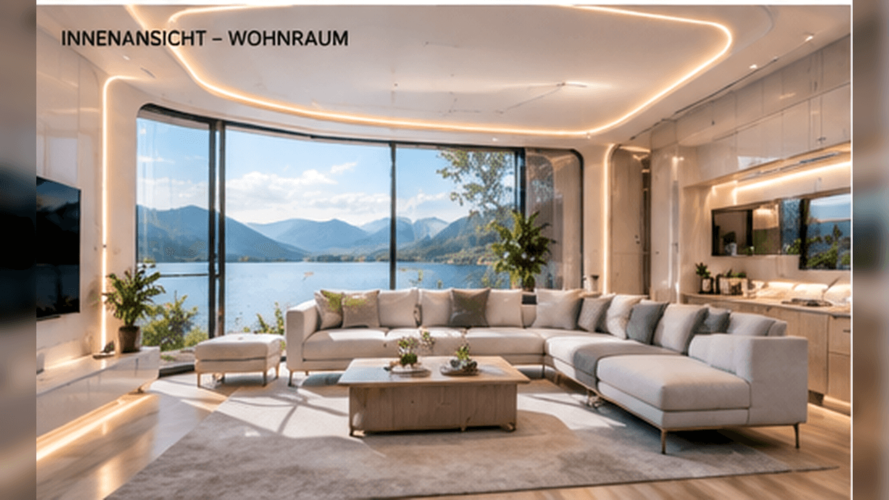 Space Capsule Tiny House interior living area – sofa landscape in front of a panoramic window with lake view and LED light strip (visualisation)