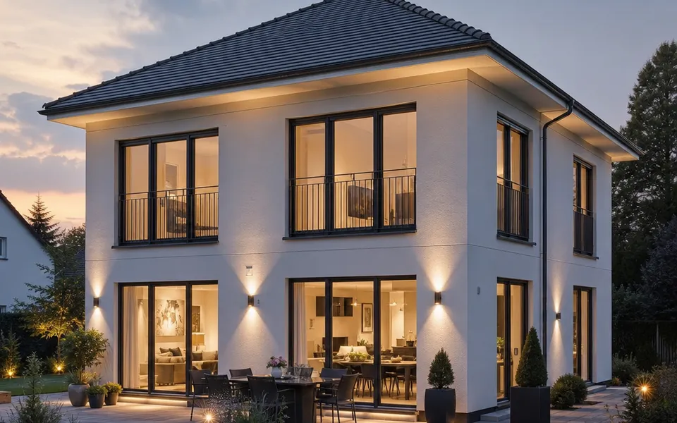 Prestigious city villa with a hipped roof, two full storeys and generous window fronts at dusk – prices 2026