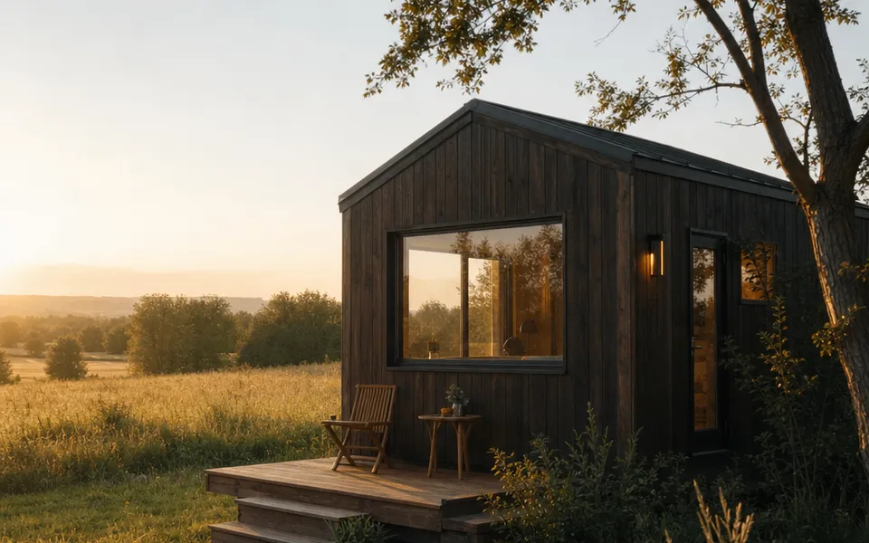 Tiny house with a dark wood facade, a wide window and a small wooden terrace on a meadow – mini house prices 2026