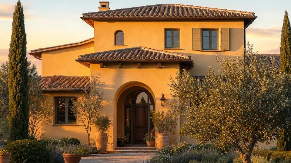 Tuscany-style house with a shallow-pitched hipped roof, ochre render and round-arch windows in a Mediterranean setting – prefabricated house 2026 Tuscany-style house with a shallow-pitched hipped roof, ochre render and round-arch windows in a Mediterranean setting – prefabricated house 2026