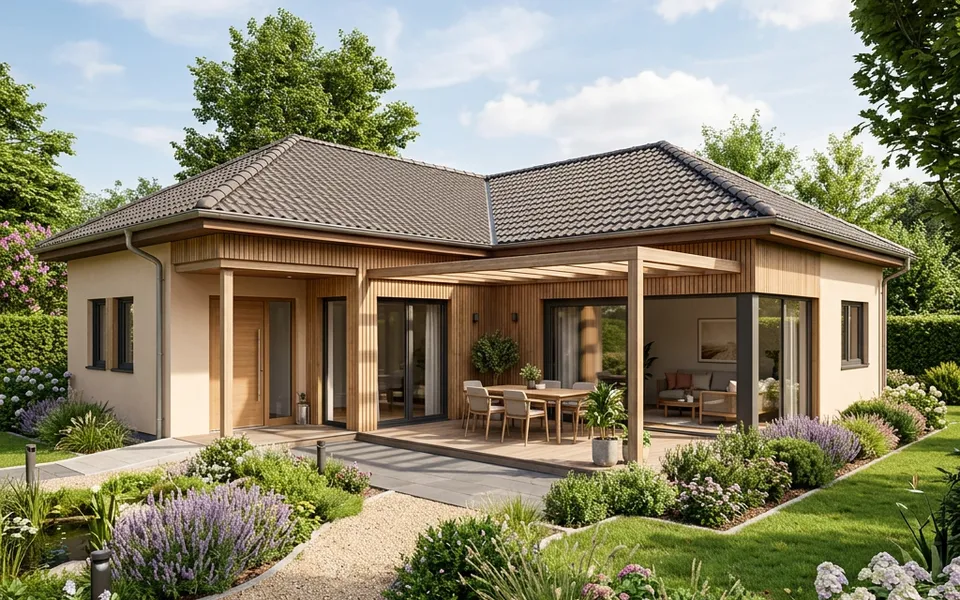 L-shaped bungalow with a hipped roof and a wind-sheltered terrace between the two wings – single-level living 2026 L-shaped bungalow with a hipped roof and a wind-sheltered terrace between the two wings – single-level living 2026