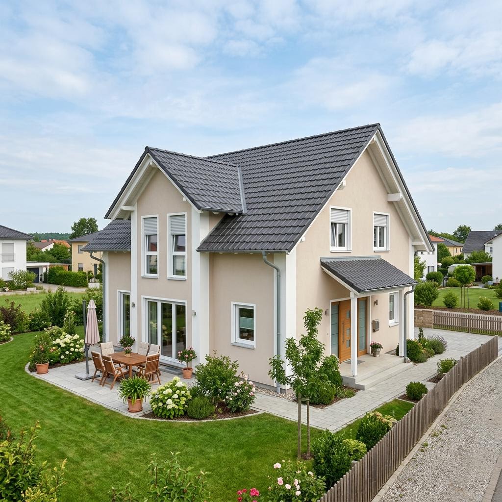 Prefabricated house up to €80,000 – example kit/shell house Prefabricated house up to €80,000: compact kit house as a new build, example image for the budget