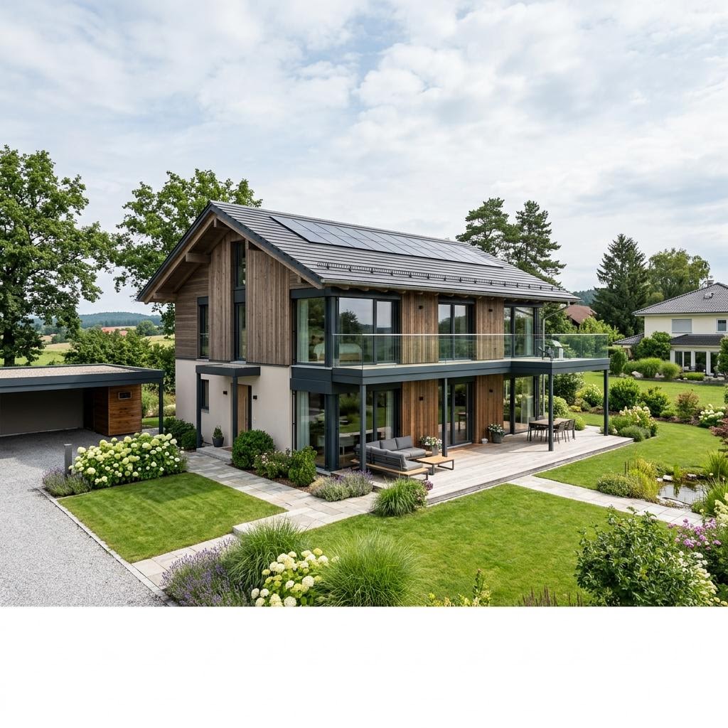 Prefabricated house in Southern Germany – example Alpine-style timber house Prefabricated house Southern Germany: modern Alpine-style timber house as a new build, example motif for the region