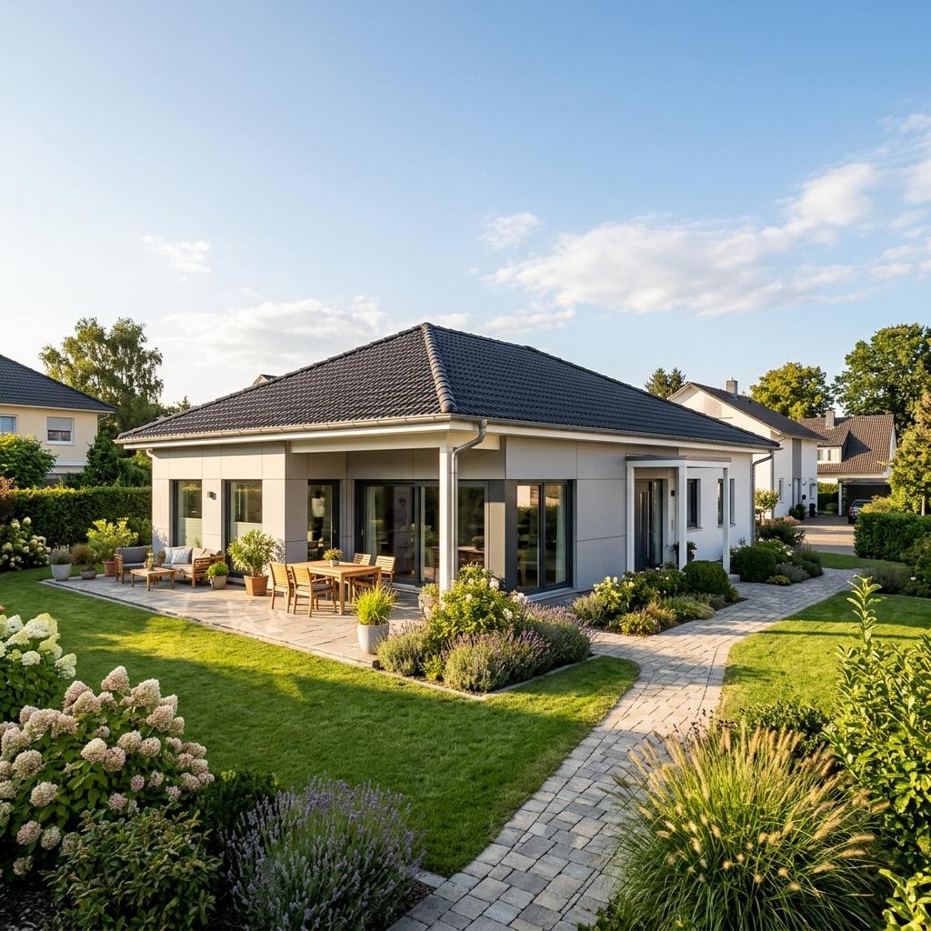 120 sqm bungalow floor plan – example single-storey new build 120 sqm bungalow floor plan: single-storey bungalow as a new build, example image of the living area