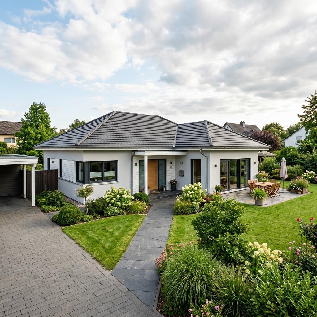 Bungalow floor plan 4 rooms — example of a single-storey new build Bungalow floor plan 4 rooms: single-storey family bungalow as a new build, example image
