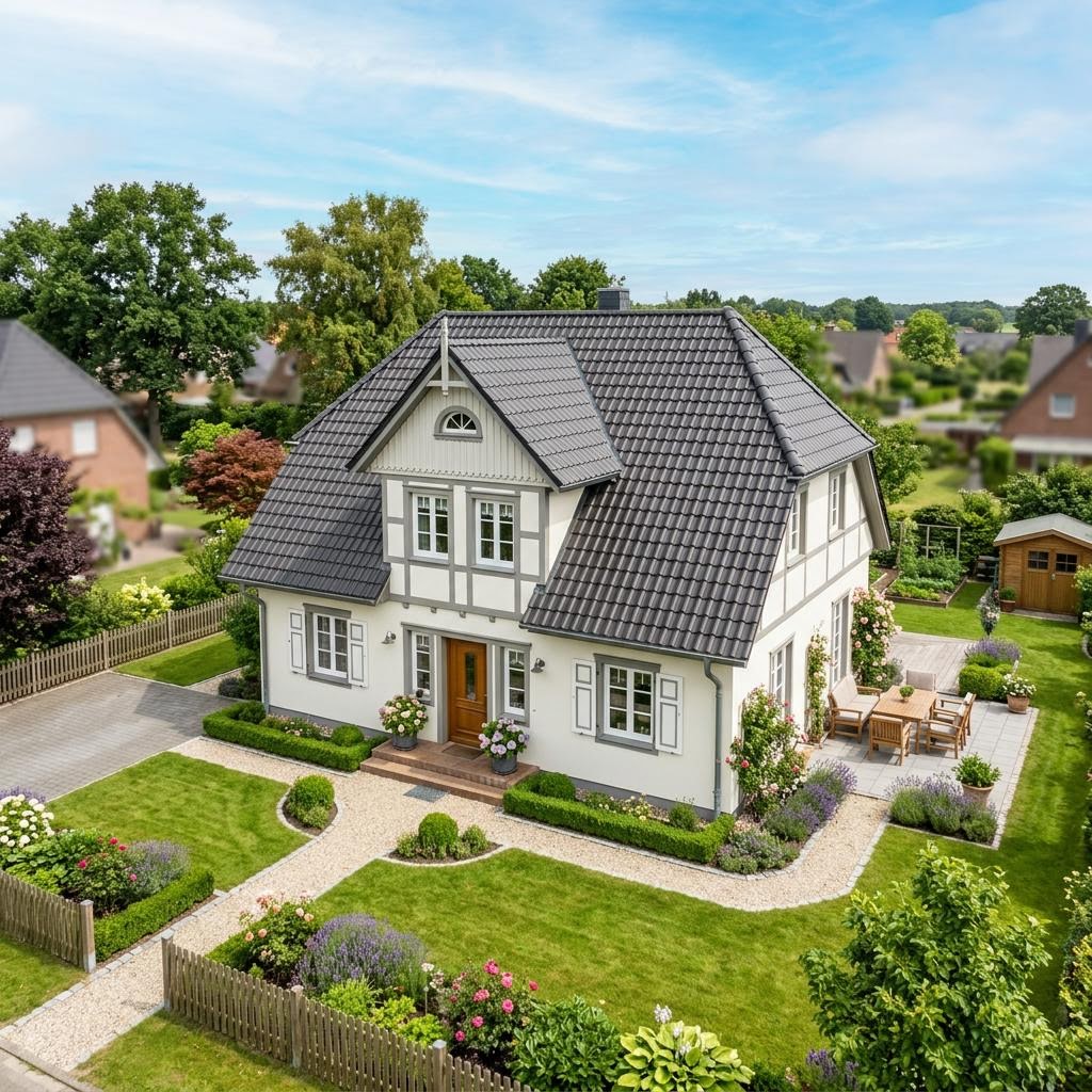Prefabricated house in Northern Germany – example captain's house Prefabricated house Northern Germany: classic captain's house as a new build, example motif for the region