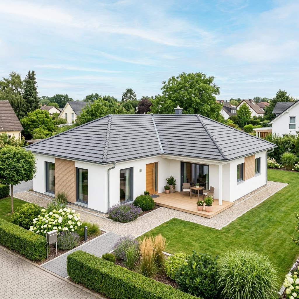 Prefab house up to €100,000 – example of a compact bungalow Prefab house up to €100,000: a compact new-build bungalow, example image for the budget