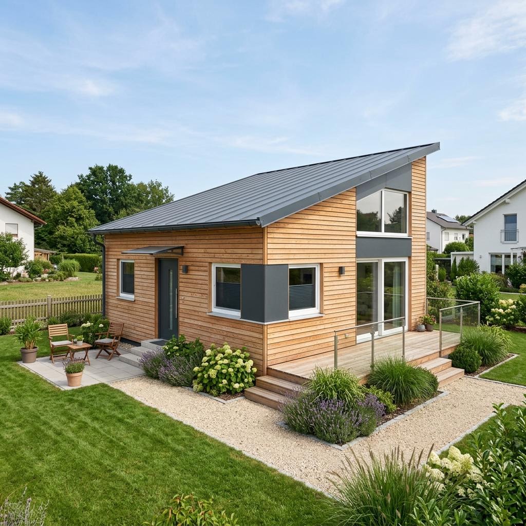 Small prefabricated house up to €50,000 – example tiny/modular house Small prefabricated house up to €50,000: compact tiny house as a modular new build, example image