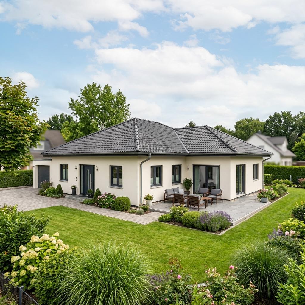 5-room bungalow floor plan – example single-level new build 5-room bungalow floor plan: large single-level L-shaped bungalow as a new build, example image