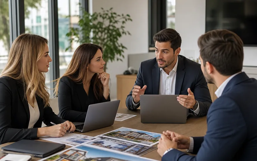 An agent team in prefab house sales during strategy planning An estate agent team in prefab house sales discusses strategy with laptops and house brochures in the office