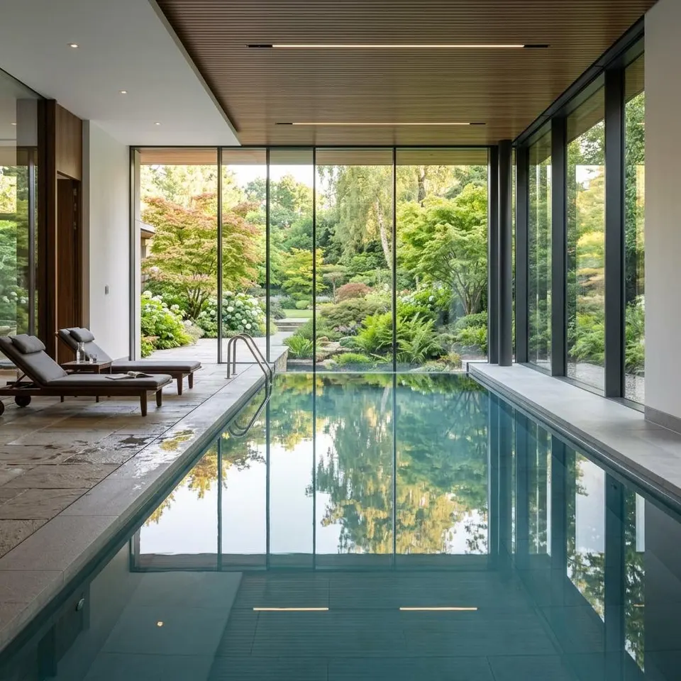 Indoor pool in the prefabricated house: private swimming hall with a glazed front to the garden Elegant private swimming hall with an indoor pool and a floor-to-ceiling glazed front to the garden in a modern residential house – indoor pool in the prefabricated house