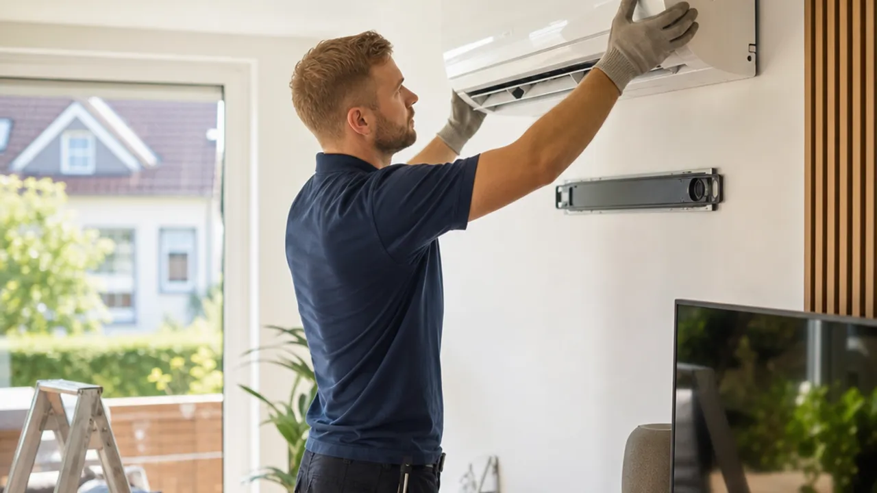 Air conditioner installation by a specialist firm 2026 Air conditioning technician installs a split air conditioner on the living room wall – air conditioner installation by a specialist firm 2026