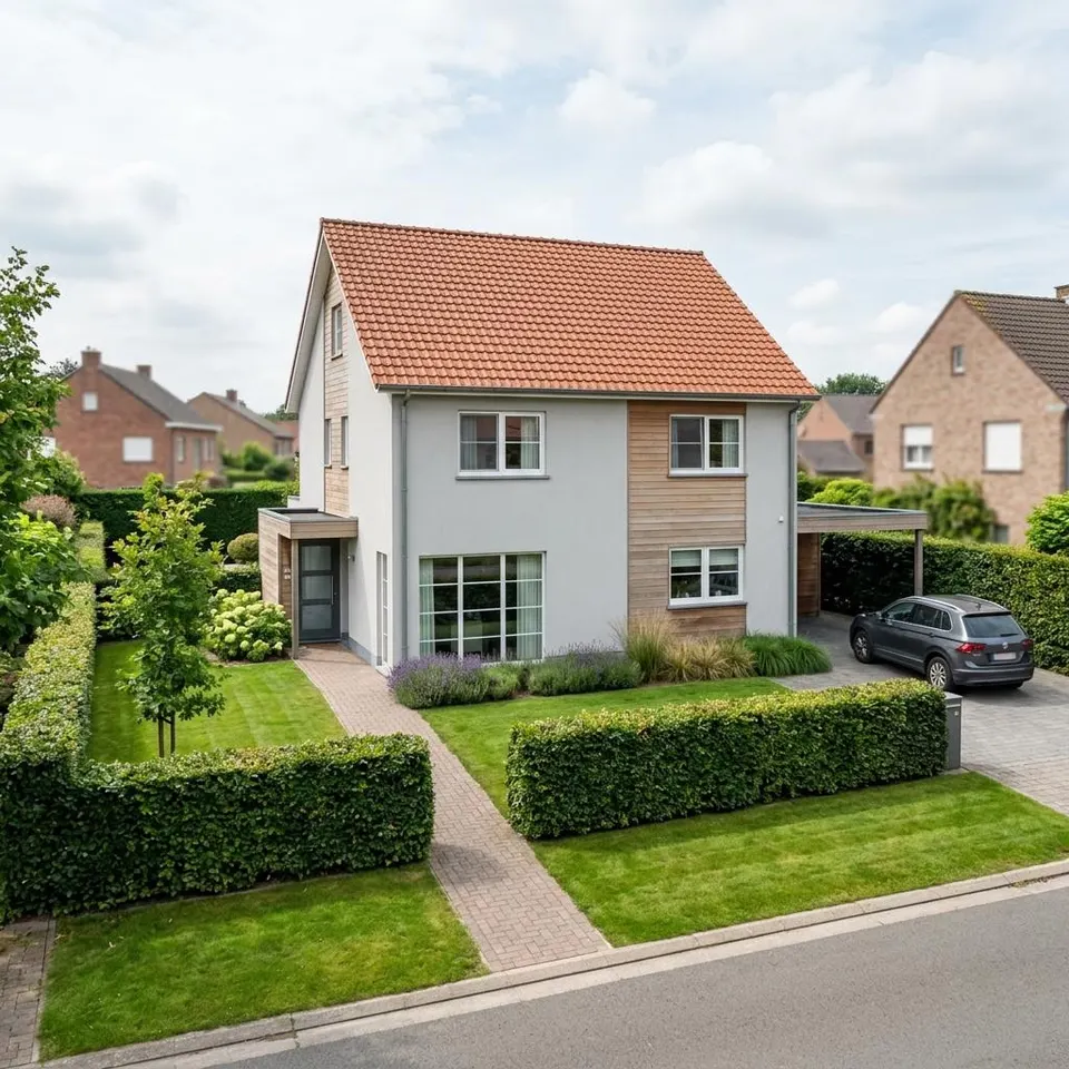 Detached prefabricated house with a red tiled roof in a Flemish residential estate – building a prefabricated house in Belgium 2026 Detached prefabricated house with a red tiled roof in a Flemish residential estate – building a prefabricated house in Belgium 2026