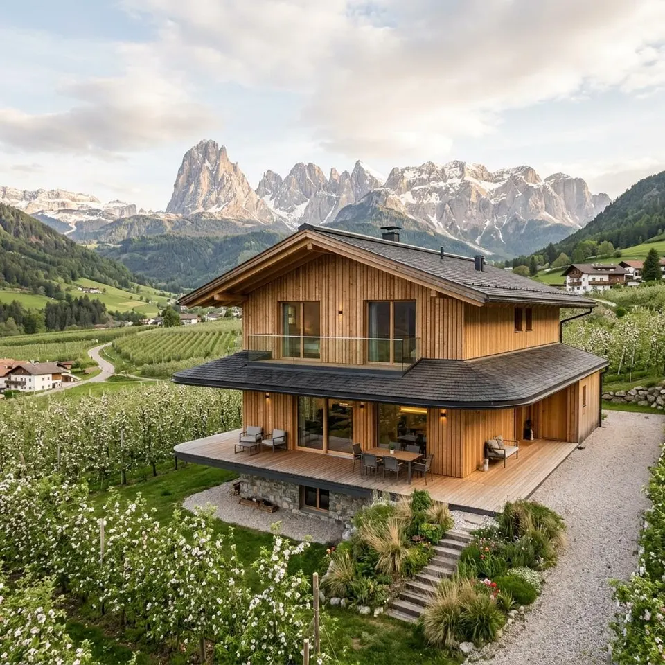 Timber prefabricated house with a wide roof overhang in front of a South Tyrolean mountain panorama in Italy – building a prefabricated house in Italy 2026 Timber prefabricated house with a wide roof overhang in front of a South Tyrolean mountain panorama in Italy – building a prefabricated house in Italy 2026
