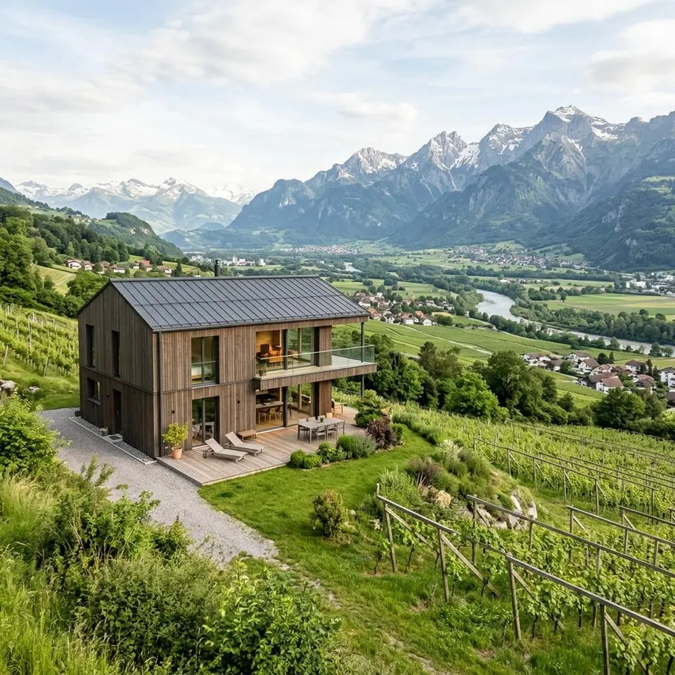 Timber prefabricated house on a slope in the Liechtenstein Rhine Valley with a view of the mountains – building a prefabricated house in Liechtenstein 2026 Timber prefabricated house on a slope in the Liechtenstein Rhine Valley with a view of the mountains – building a prefabricated house in Liechtenstein 2026