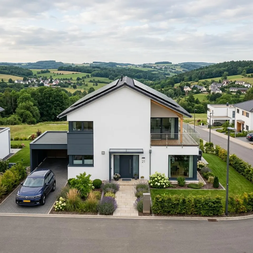 Ultra-low-energy prefabricated house in a Luxembourg new-build area with a well-kept front garden – building a prefabricated house in Luxembourg 2026 Ultra-low-energy prefabricated house in a Luxembourg new-build area with a well-kept front garden – building a prefabricated house in Luxembourg 2026