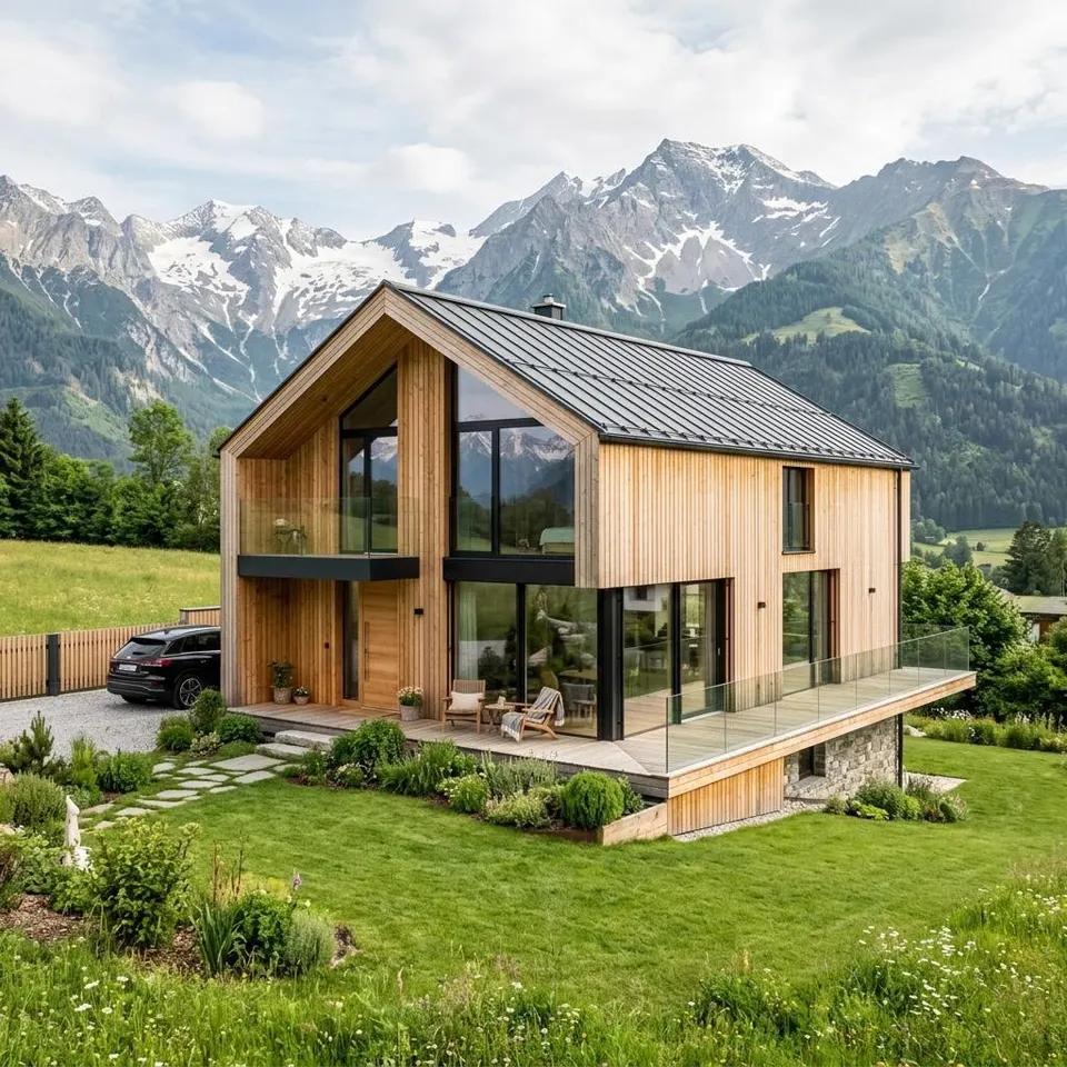 Modern timber prefabricated house with a gable roof against an Alpine backdrop in Austria – building a prefabricated house in Austria 2026 Modern timber prefabricated house with a gable roof against an Alpine backdrop in Austria – building a prefabricated house in Austria 2026