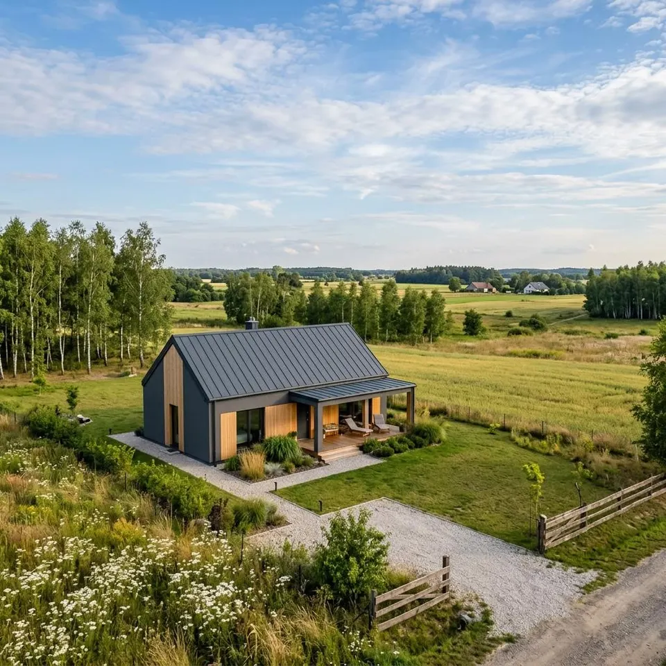 New prefabricated house from Poland with a gable roof in a wide landscape in sunshine – prefabricated house from Poland 2026 New prefabricated house from Poland with a gable roof in a wide landscape in sunshine – prefabricated house from Poland 2026
