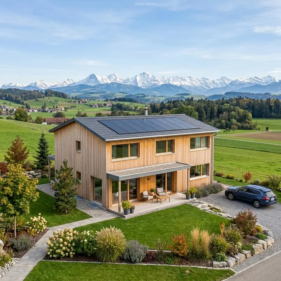 MINERGIE prefabricated house with a timber facade in the Swiss Mittelland with a mountain panorama – building a prefabricated house in Switzerland 2026 MINERGIE prefabricated house with a timber facade in the Swiss Mittelland with a mountain panorama – building a prefabricated house in Switzerland 2026