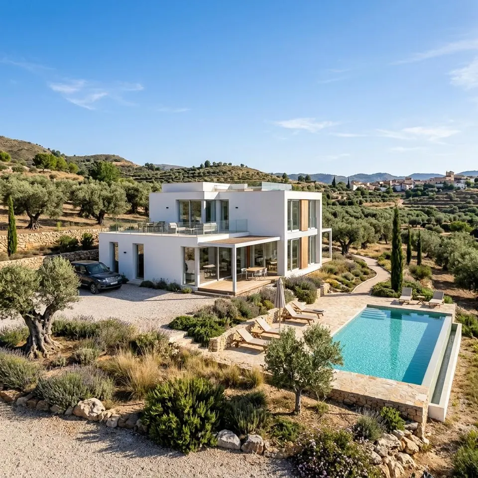 White modern modular prefabricated house with a flat roof and pool under a blue sky on the Mediterranean – building a prefabricated house in Spain 2026 White modern modular prefabricated house with a flat roof and pool under a blue sky on the Mediterranean – building a prefabricated house in Spain 2026