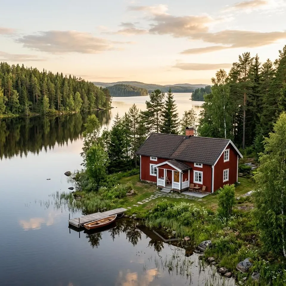 Red Swedish timber house with white window frames by a Scandinavian lake – building a prefabricated house in Scandinavia 2026 Red Swedish timber house with white window frames by a Scandinavian lake – building a prefabricated house in Scandinavia 2026