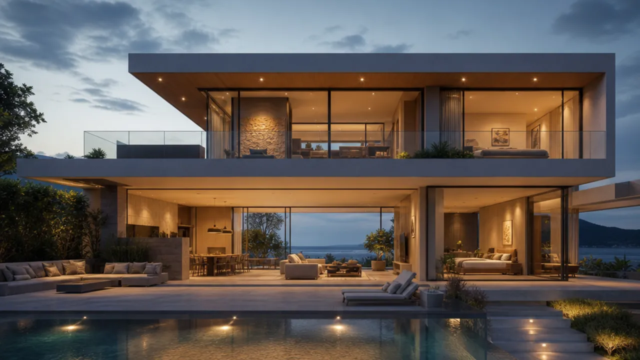 Luxury villa as a prefabricated house with pool and glass façade Luxury prefabricated house: modern design villa with a glass façade and infinity pool at dusk – premium prefabricated house, freely planned
