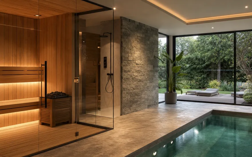 Home spa in the luxury prefabricated house: pool and sauna Private wellness area in the luxury prefabricated house: indoor pool and sauna with a glass wall and a view of the garden