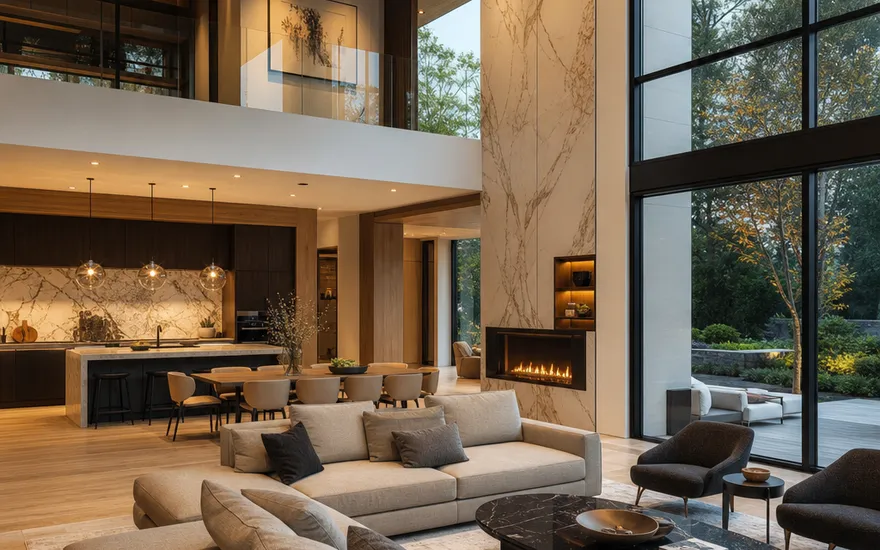 Design villa inside: double-height living space with a gallery Luxury prefabricated house from the inside: double-height living space with a gallery, designer furniture and a floor-to-ceiling glass front to the garden